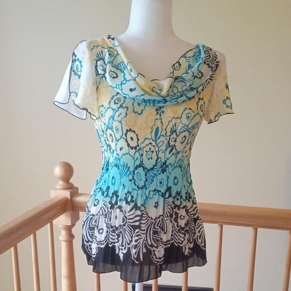 NICOLA Blue and Yellow Floral Cowl Neck Blouse Top - Picture 1 of 8